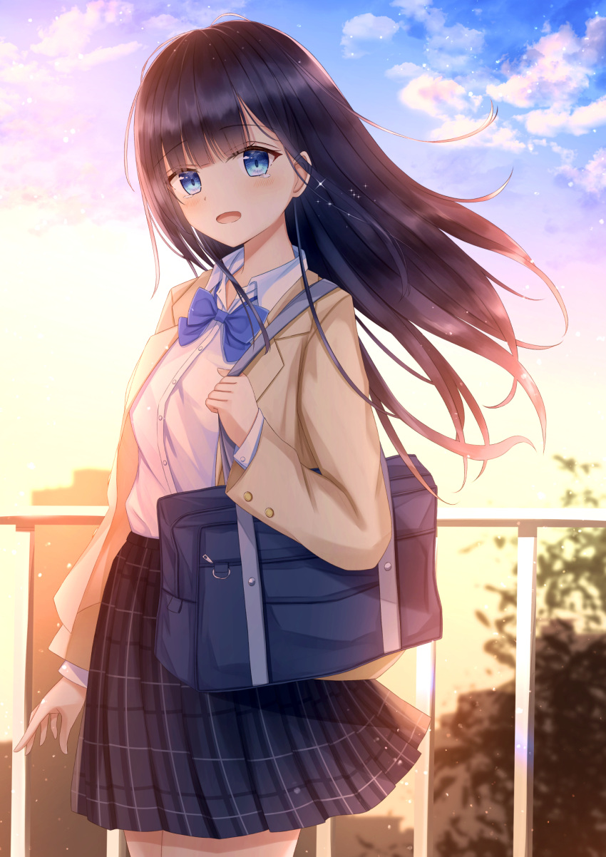 1girl, :d, arm_at_side, bag, bangs, black_hair, black_skirt, blazer