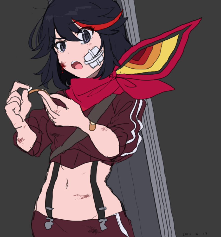 1girl, 2020, absurdres, bandage_on_face, bandages, bandaid, bangs, black_hair