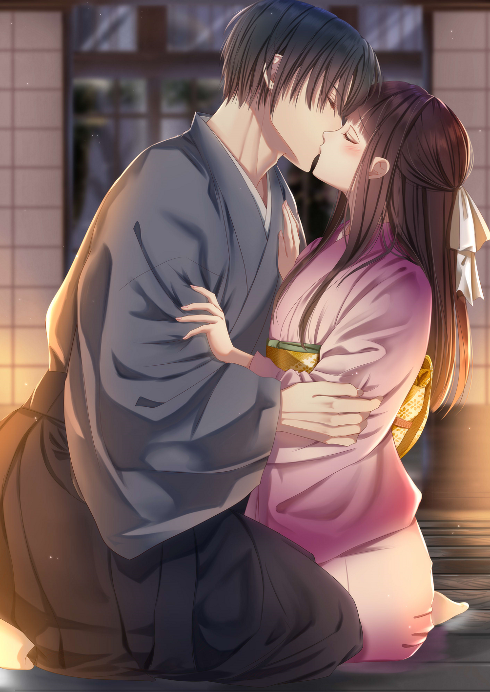 1boy, 1girl, black_hair, black_hakama, blush, bow, brown_hair, closed_eyes
