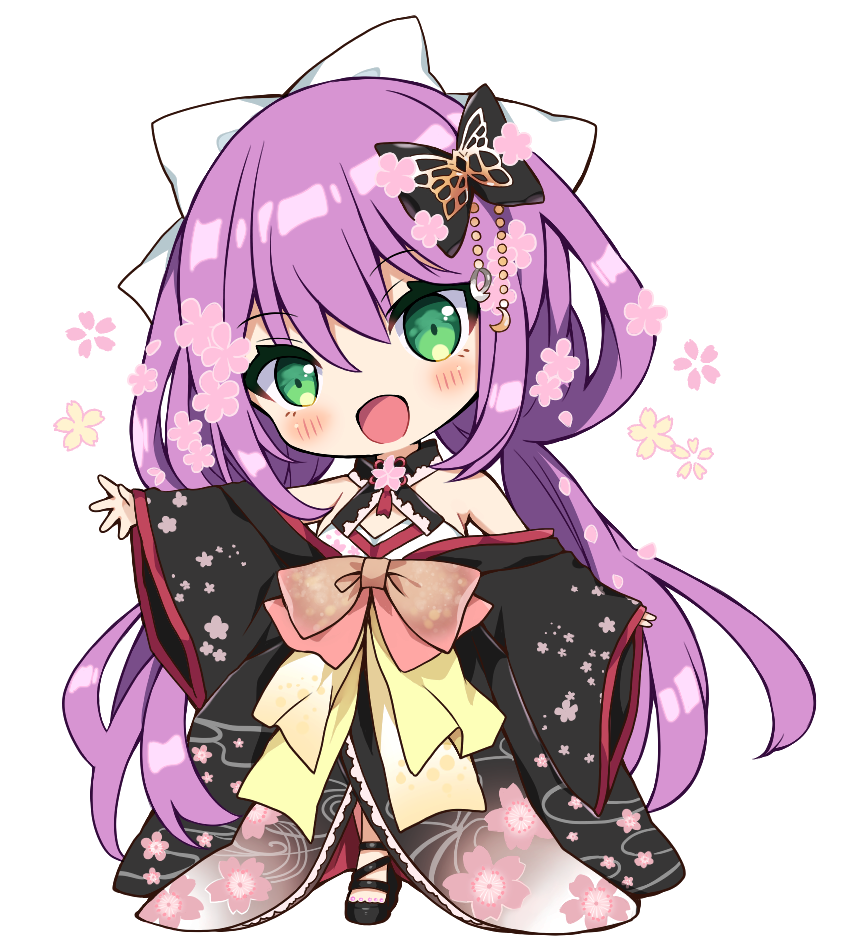 1girl, :d, bangs, bare_shoulders, black_bow, black_footwear, black_kimono, blush