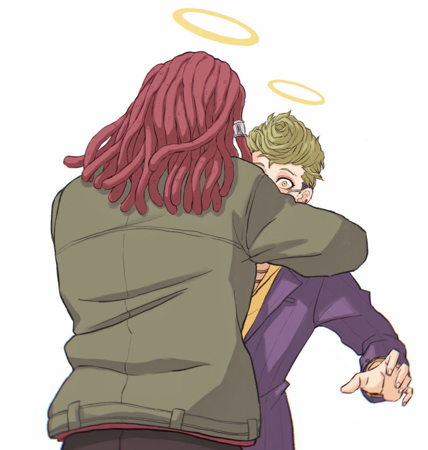 2boys, akudama_drive, blonde_hair, brawler_(akudama_drive), glasses, green_jacket, hair_tubes, hairlocs