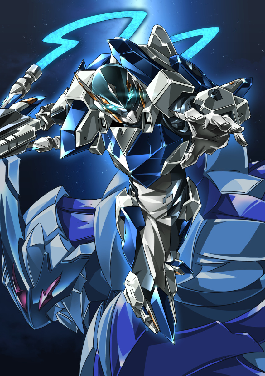 2boys, blue_eyes, gan_zaldi, get_ride_amdriver, glowing, glowing_eyes, highres, holding, holding_lance, holding_polearm, holding_weapon, jenus_dira, lance, looking_at_viewer, looking_down, male_focus, mecha, multiple_boys, open_hand, paintedmike, polearm, power_armor, red_eyes, science_fiction, weapon