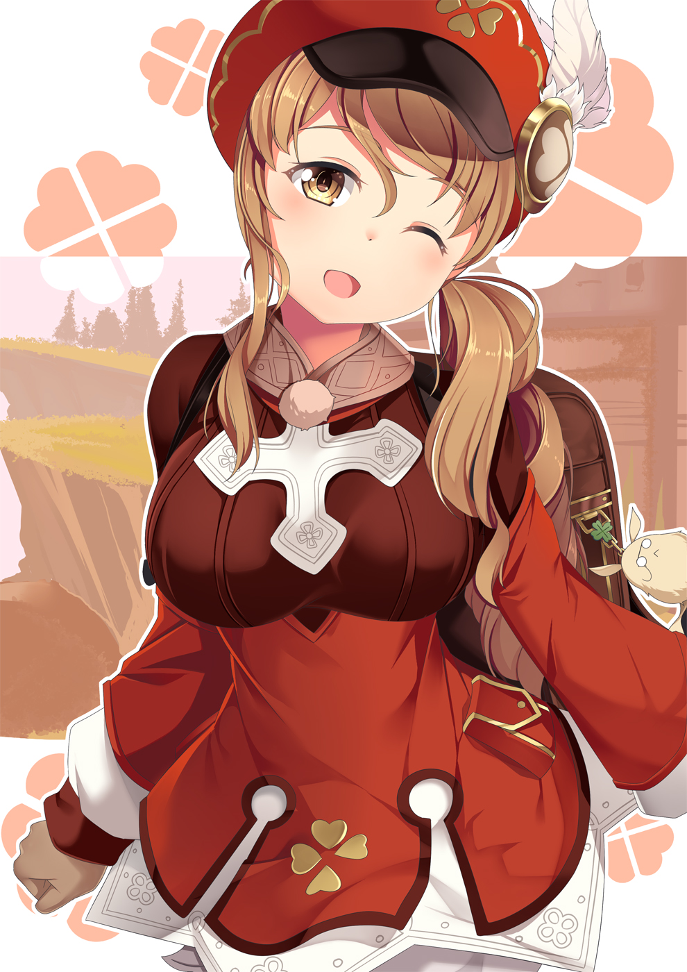 1girl, ;d, backpack, bag, bag_charm, bangs, blush, breasts