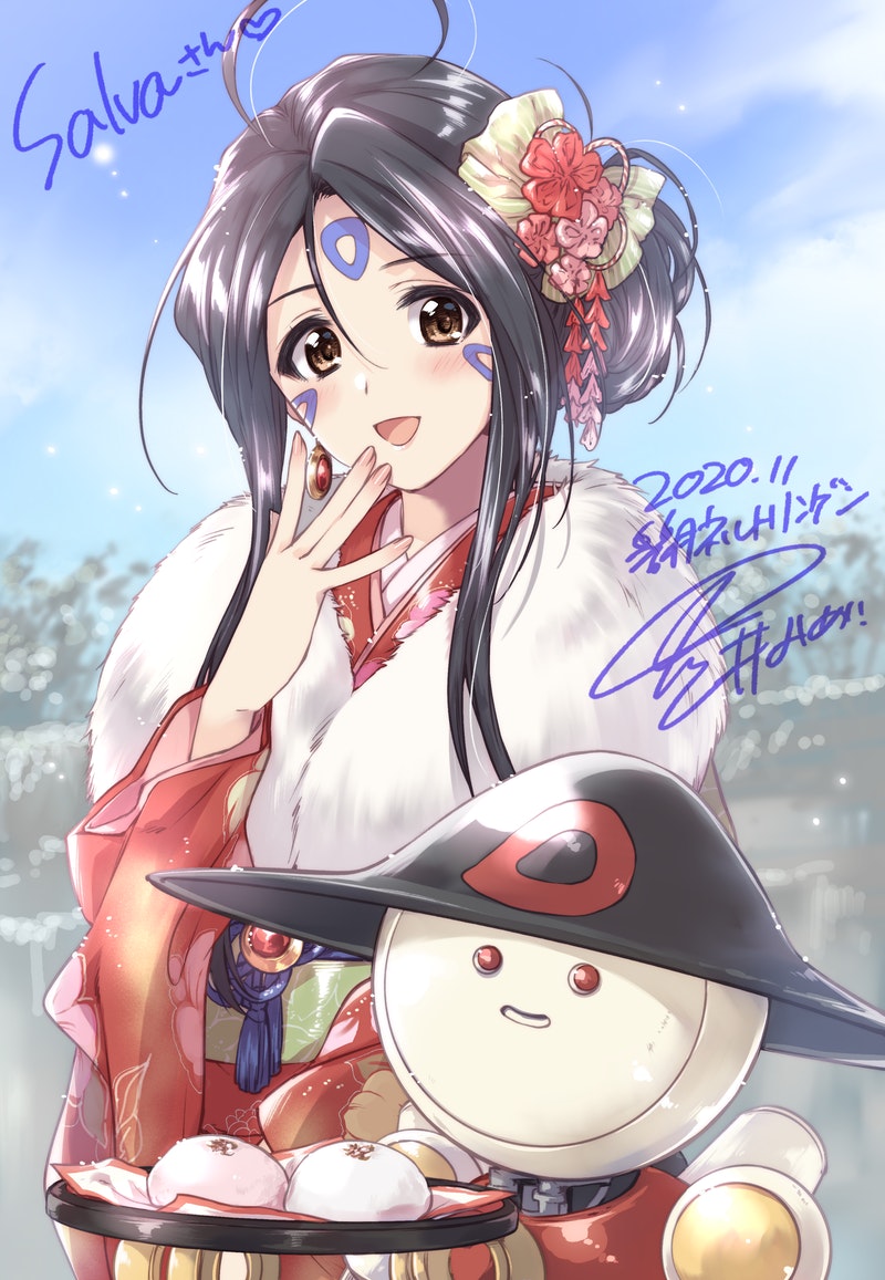 1girl, aa_megami-sama, ahoge, alternate_costume, banpei-kun_rx, baozi, black_hair, blush