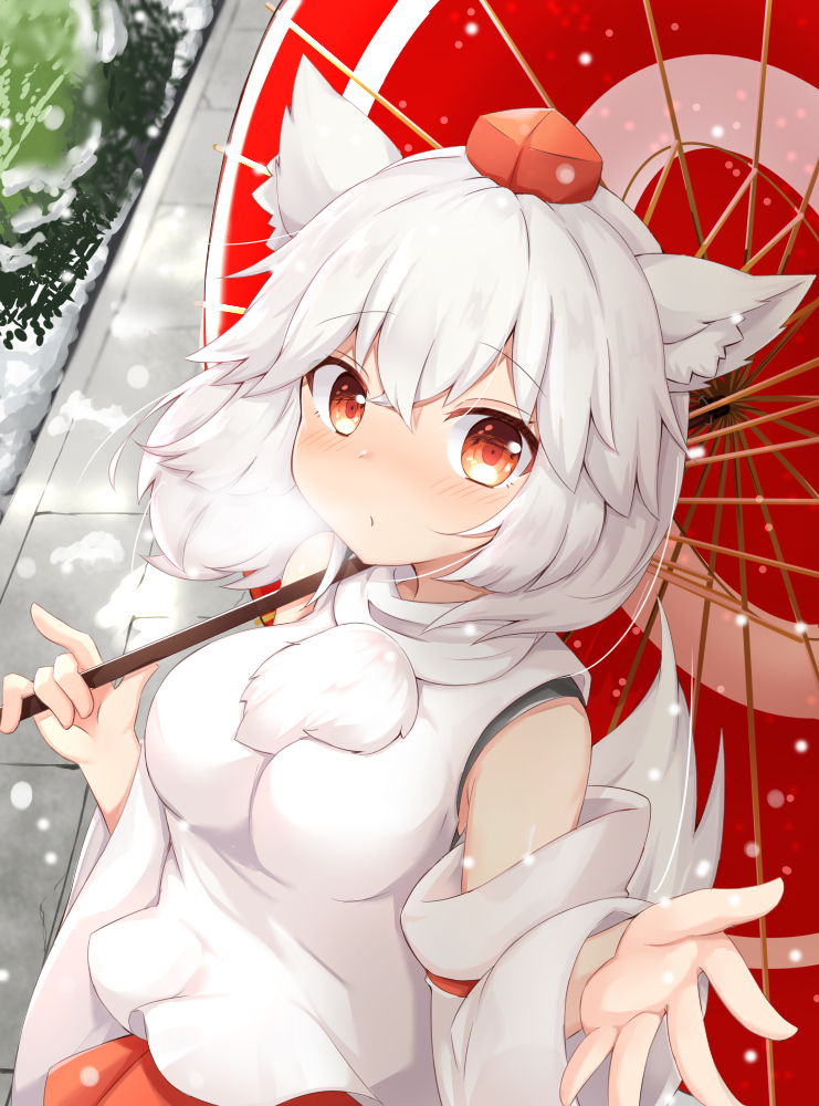 1girl, animal_ears, bare_shoulders, blush, detached_sleeves, eyebrows_visible_through_hair, hat, holding