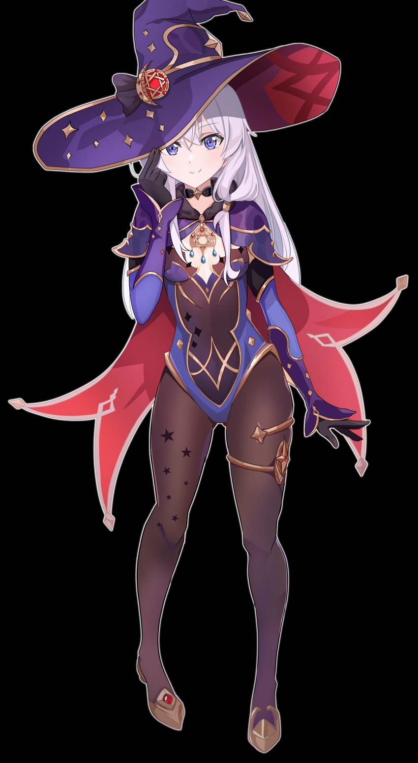 absurdres, black_gloves, black_legwear, breasts, cleavage_cutout, clothing_cutout, cosplay, elaina_(majo_no_tabitabi)