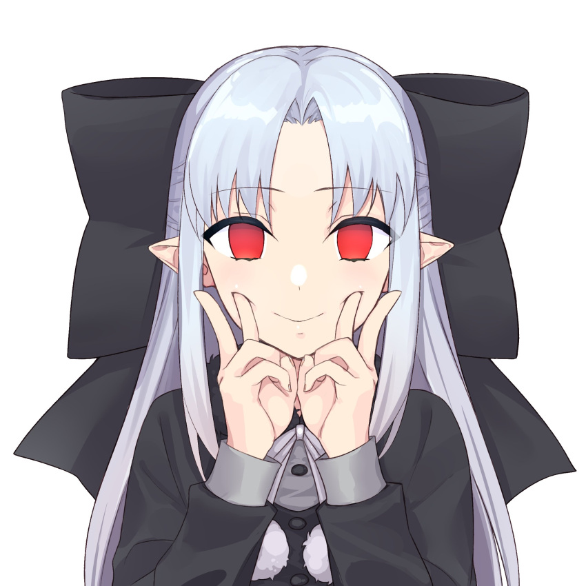 1girl, apo_(apos2721), black_bow, black_dress, bow, commentary, double_v, dress