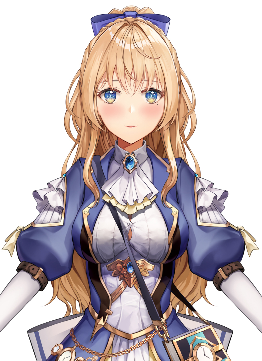 1girl, bangs, blonde_hair, blue_dress, blue_eyes, blue_ribbon, blush, book