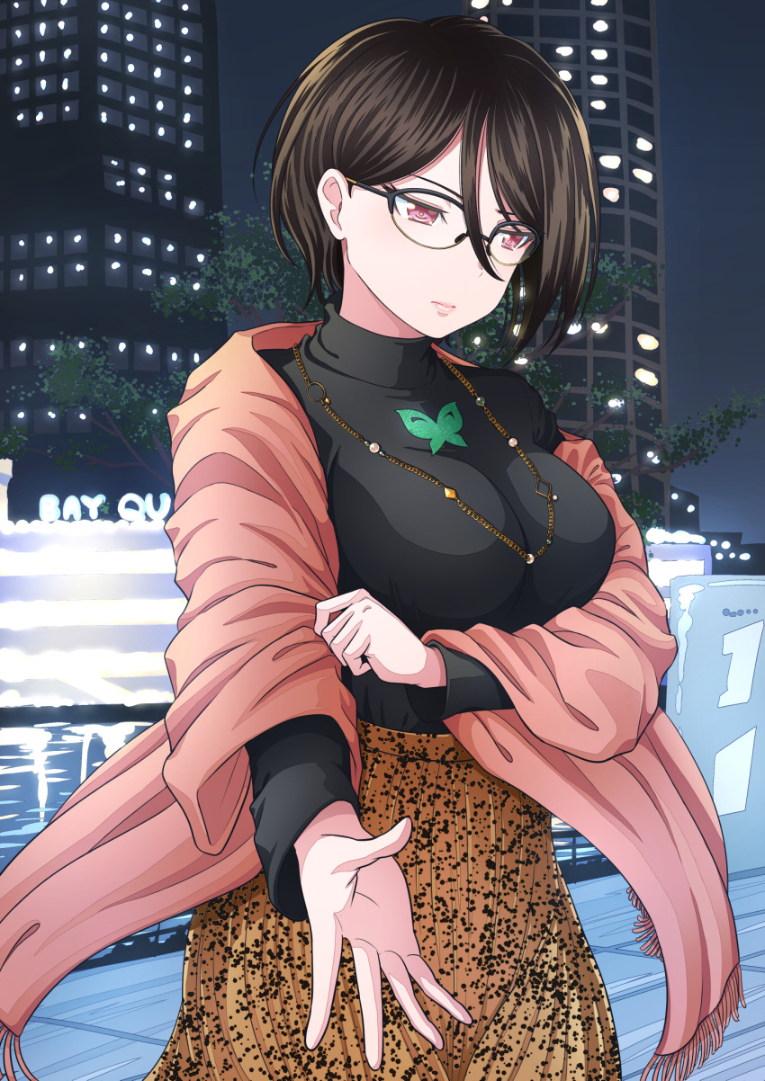 1girl, animal_print, asymmetrical_hair, bang_dream!, bang_dream!_girls_band_party!, bangs, bespectacled, black-framed_eyewear