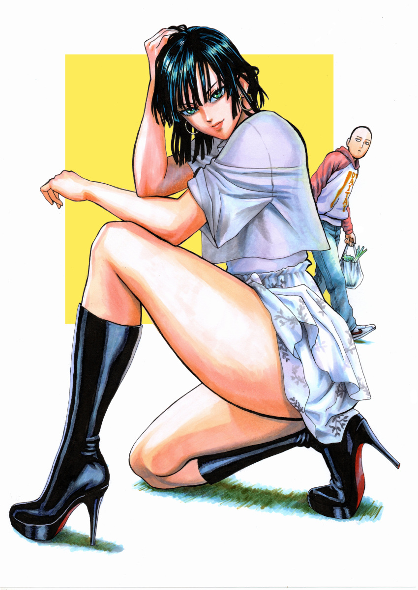 1boy, 1girl, absurdres, bag, bald, bare_legs, black_footwear, black_hair
