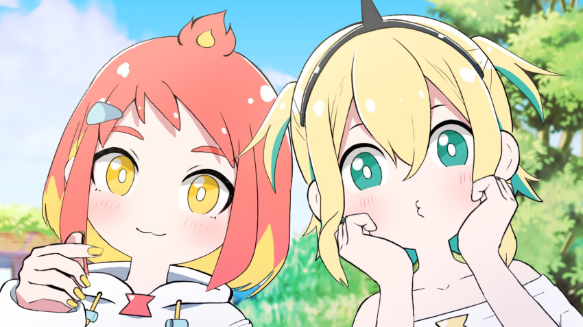 :3, alternate_hairstyle, amano_pikamee, aqua_eyes, bare_shoulders, blonde_hair, commentary, day