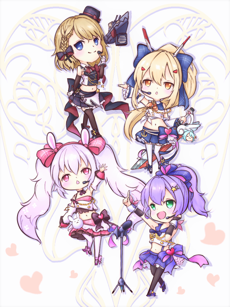 4girls, :d, animal_ears, aqua_hair, arm_up, armpits, ayanami_(azur_lane), ayanami_(troubled_star_idol)_(azur_lane)