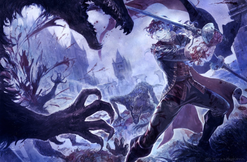1boy, animal, beast, bleeding, blood, blood_on_face, blood_splatter, blood_spray