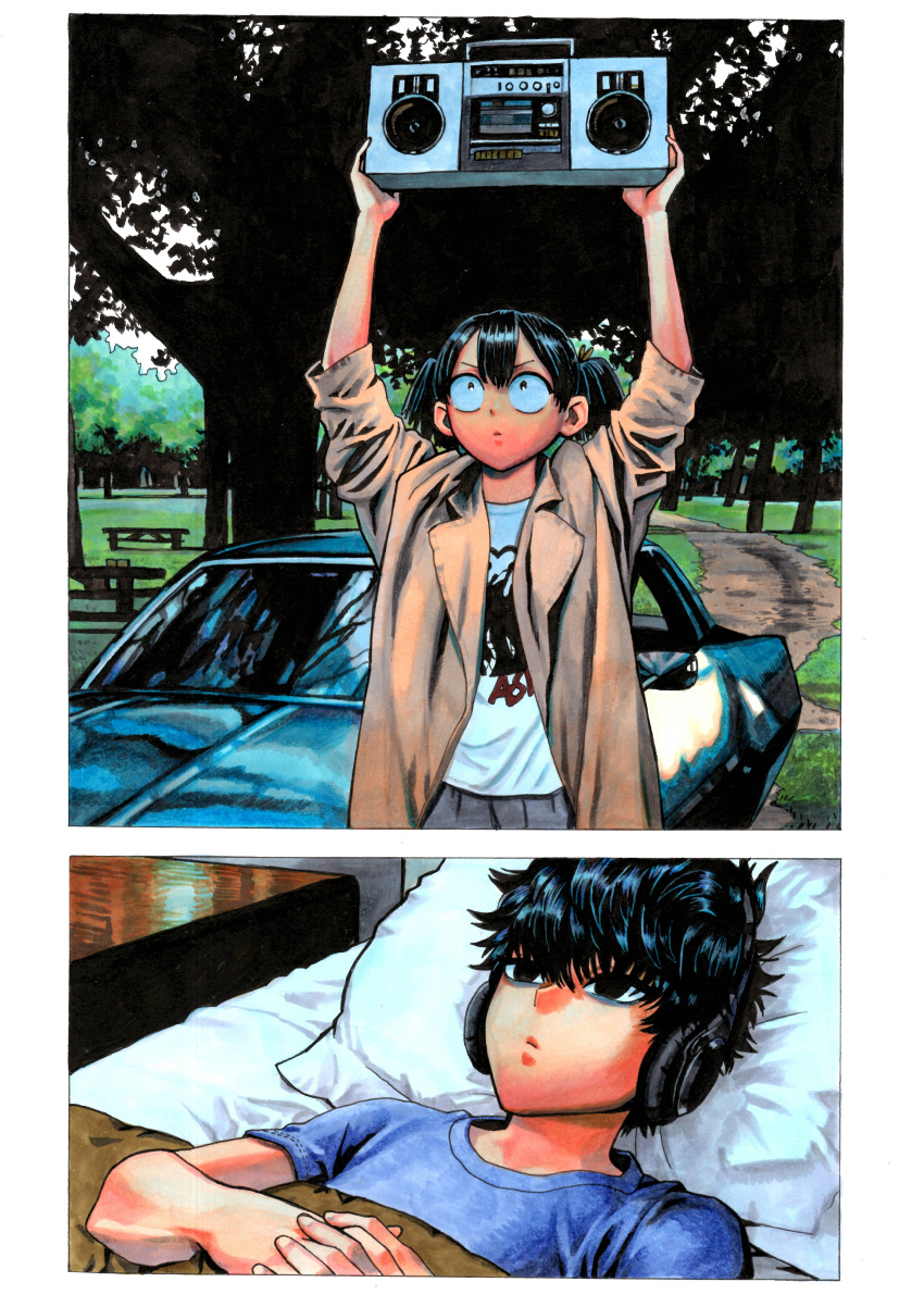 1boy, 1girl, absurdres, arms_up, bags_under_eyes, bed_sheet, black_eyes, black_hair, boombox, brown_coat, car, coat, constricted_pupils, day, flat_chest, ground_vehicle, headphones, highres, jigme, komi-san_wa_komyushou_desu, komi_shousuke, lying, marker_(medium), motor_vehicle, on_back, parody, pillow, role_reversal, say_anything..., short_hair, short_twintails, sleeves_pushed_up, tadano_hitomi, traditional_media, trench_coat, twintails, under_covers, wireless