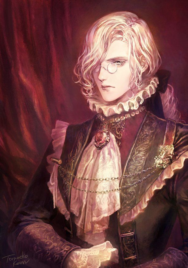1boy, ascot, bangs, bloodborne, chain, closed_mouth, collar, curly_hair