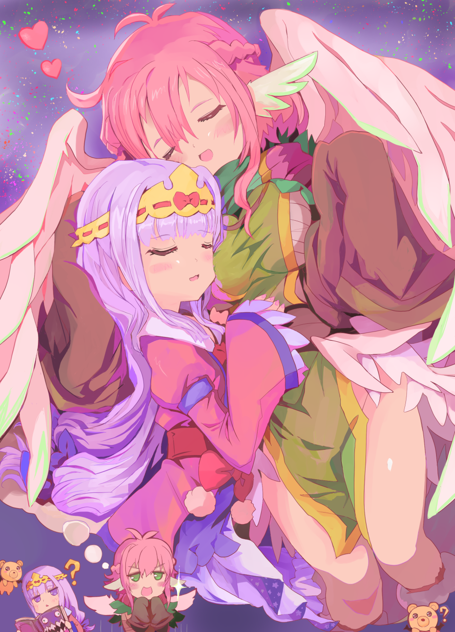 2girls, ?, aurora_sya_lis_kaymin, bangs, blunt_bangs, braid, chibi, crown