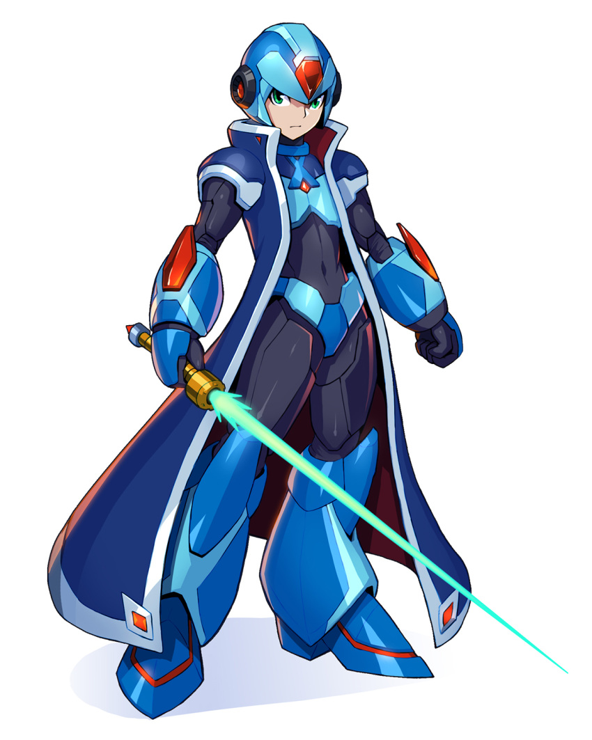 1boy, alternate_costume, android, energy_sword, english_commentary, green_eyes, helmet, highres