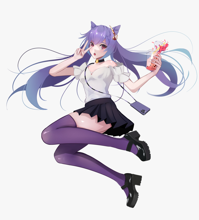 1girl, :o, absurdres, bangs, black_choker, black_skirt, breasts, bubble_tea, casual, cellphone, choker, contemporary, cup, disposable_cup, drinking_straw, eyebrows_visible_through_hair, genshin_impact, hair_ears, highres, holding, holding_cup, hyafumi, iphone, iphone_11_pro, jumping, keqing_(genshin_impact), phone, pink_eyes, platform_footwear, platform_heels, purple_hair, shirt, skindentation, skirt, small_breasts, smartphone, solo, spilling, thigh-highs, twintails, v, white_shirt, zettai_ryouiki