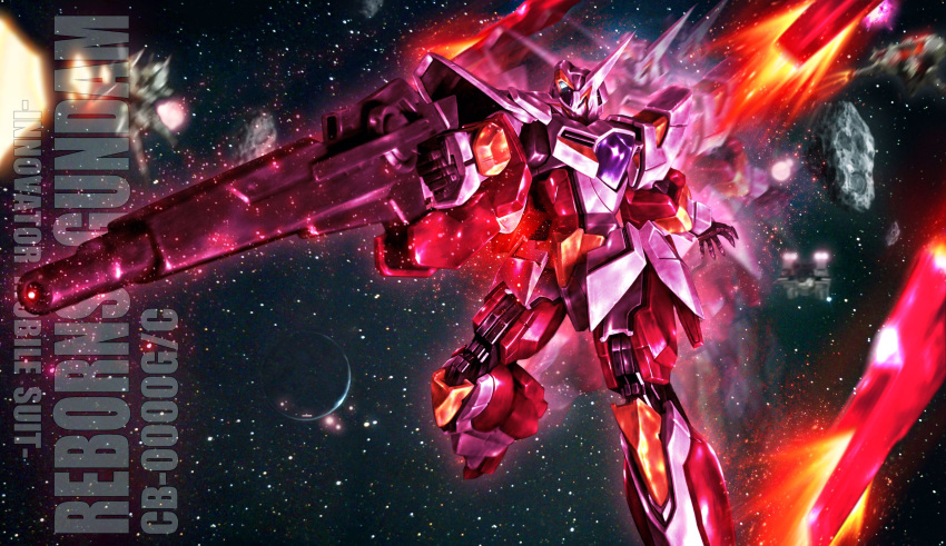 absurdres, aiming, asteroid, beam_rifle, character_name, energy_gun, explosion, fake_box_art
