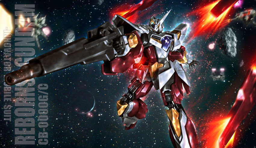 absurdres, aiming, asteroid, beam_rifle, character_name, energy_gun, explosion, fake_box_art, flying, funnels, green_eyes, gun, gundam, gundam_00, highres, holding, holding_gun, holding_weapon, looking_down, mecha, no_humans, open_hand, planet, reborns_gundam, science_fiction, solo, space, tom_liu, v-fin, weapon