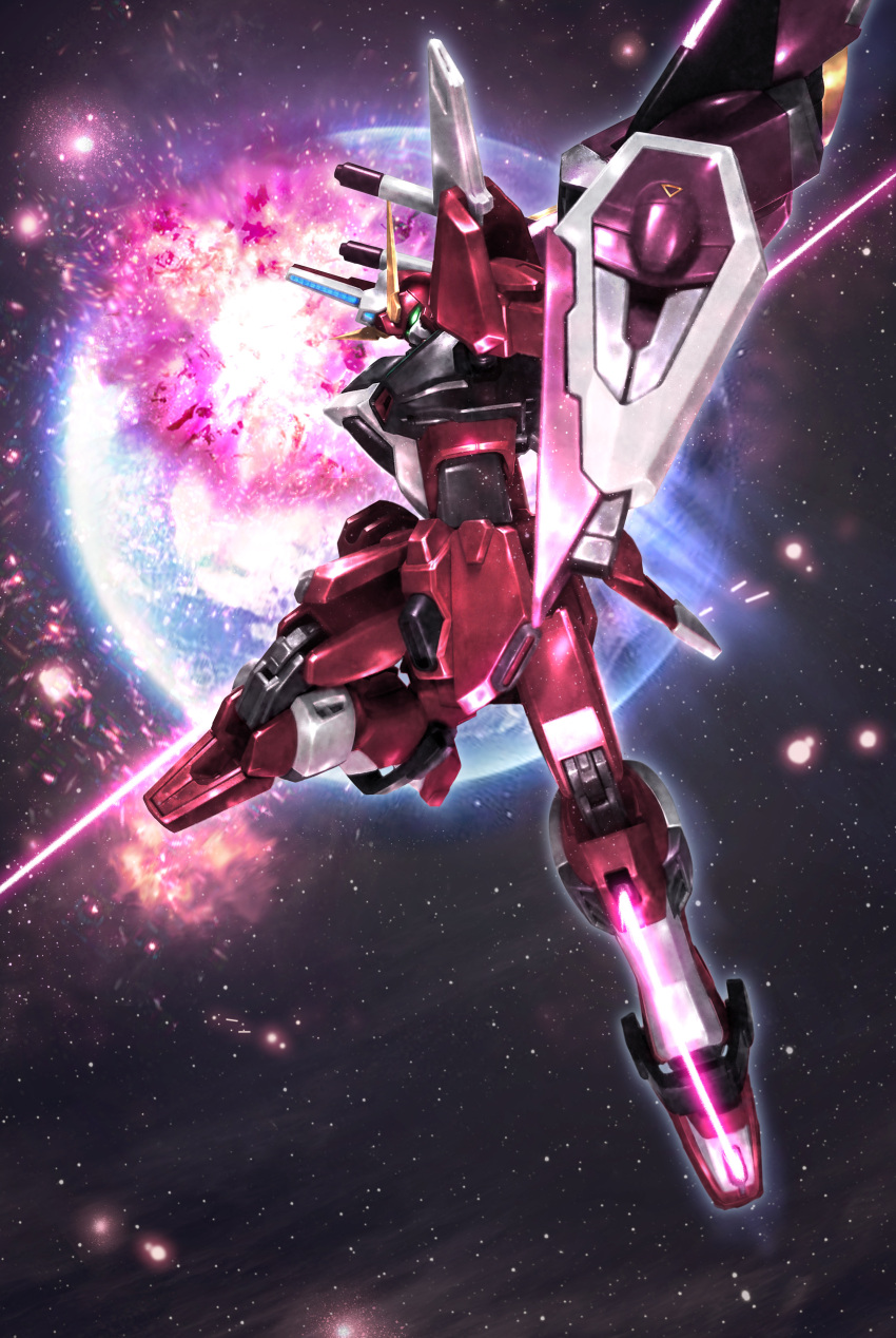 absurdres, beam_saber, earth, explosion, glowing, glowing_eye, green_eyes, gundam, gundam_seed, gundam_seed_destiny, highres, holding, holding_sword, holding_weapon, infinite_justice_gundam, looking_down, mecha, mechanical_wings, no_humans, planet, science_fiction, shield, solo, space, sword, tom_liu, v-fin, weapon, wings