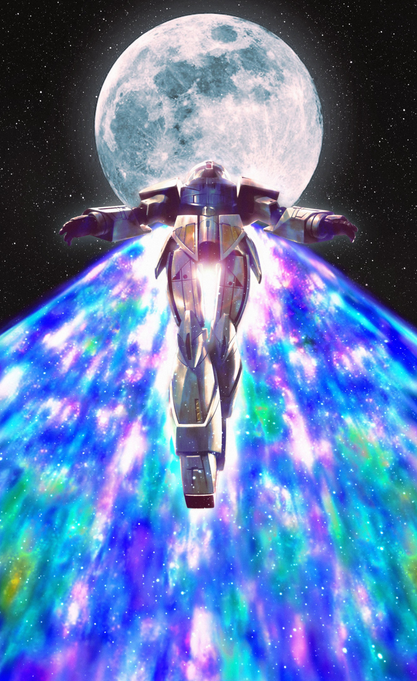 absurdres, flying, from_below, gundam, highres, mecha, moon, moonlight_butterfly