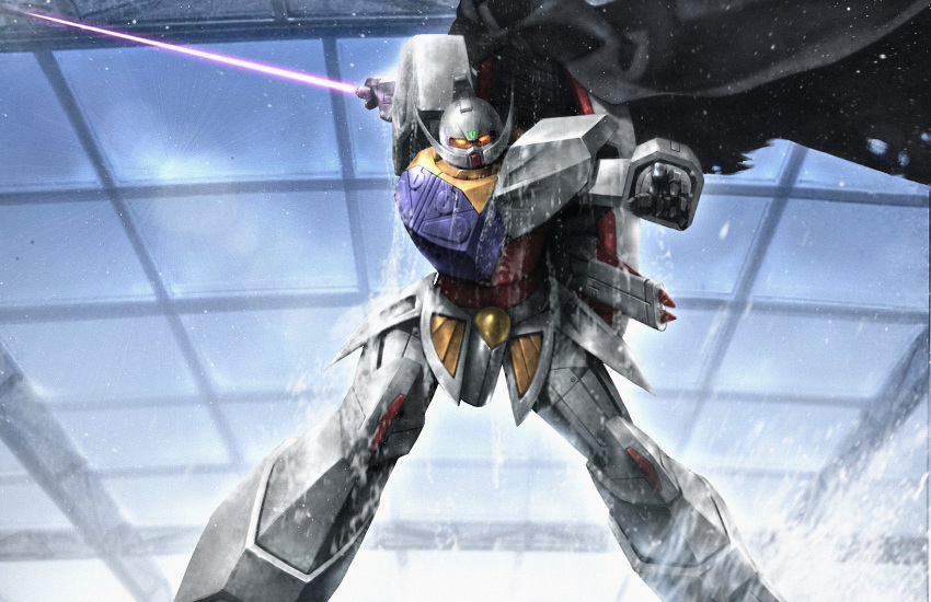 absurdres, beam_saber, cape, from_below, glowing, glowing_eyes, gundam, highres