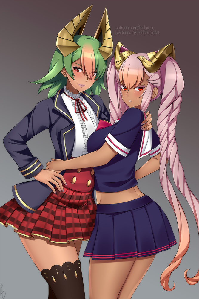 2girls, alternate_breast_size, blazer, blush, breasts, brown_legwear, butt_crack, buttons