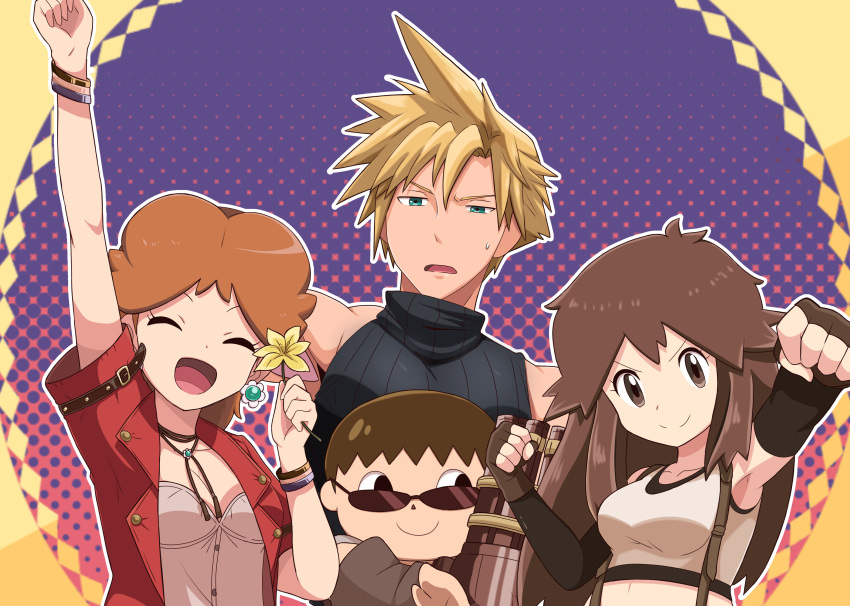 2boys, 2girls, absurdres, aerith_gainsborough, aerith_gainsborough_(cosplay), animal_crossing, arm_up, barret_wallace