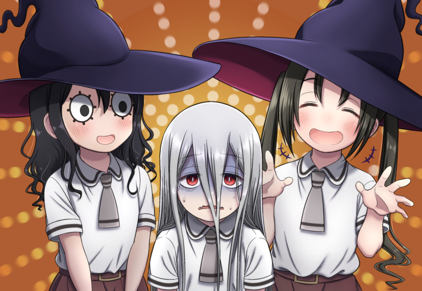 3girls, asobi_asobase, black_hair, blush, closed_eyes, hair_between_eyes, hat, jougenmushi, looking_at_viewer, matou_aguri, multiple_girls, oka_ruu, pale_skin, red_eyes, sanpaku, school_uniform, smile, twintails, u.a._school_uniform, vampire, wavy_hair, wavy_mouth, wide-eyed, witch_hat