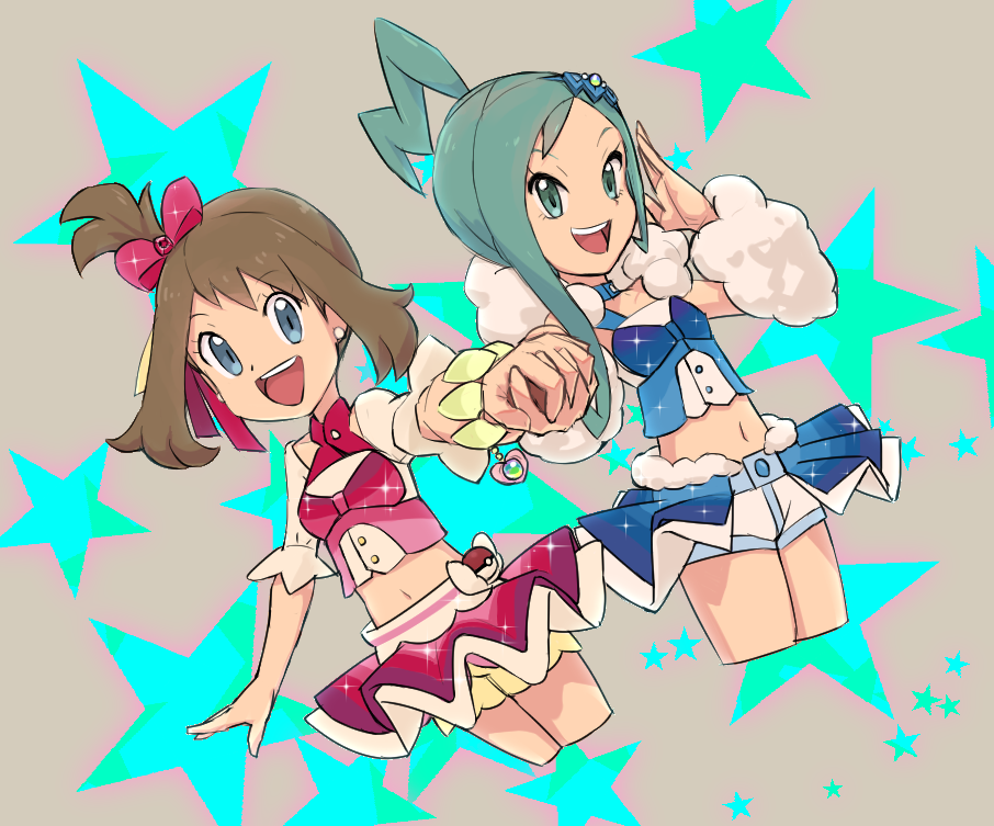 2girls, aqua_hair, blue_eyes, breasts, brown_hair, earrings, hair_ornament, holding_hands