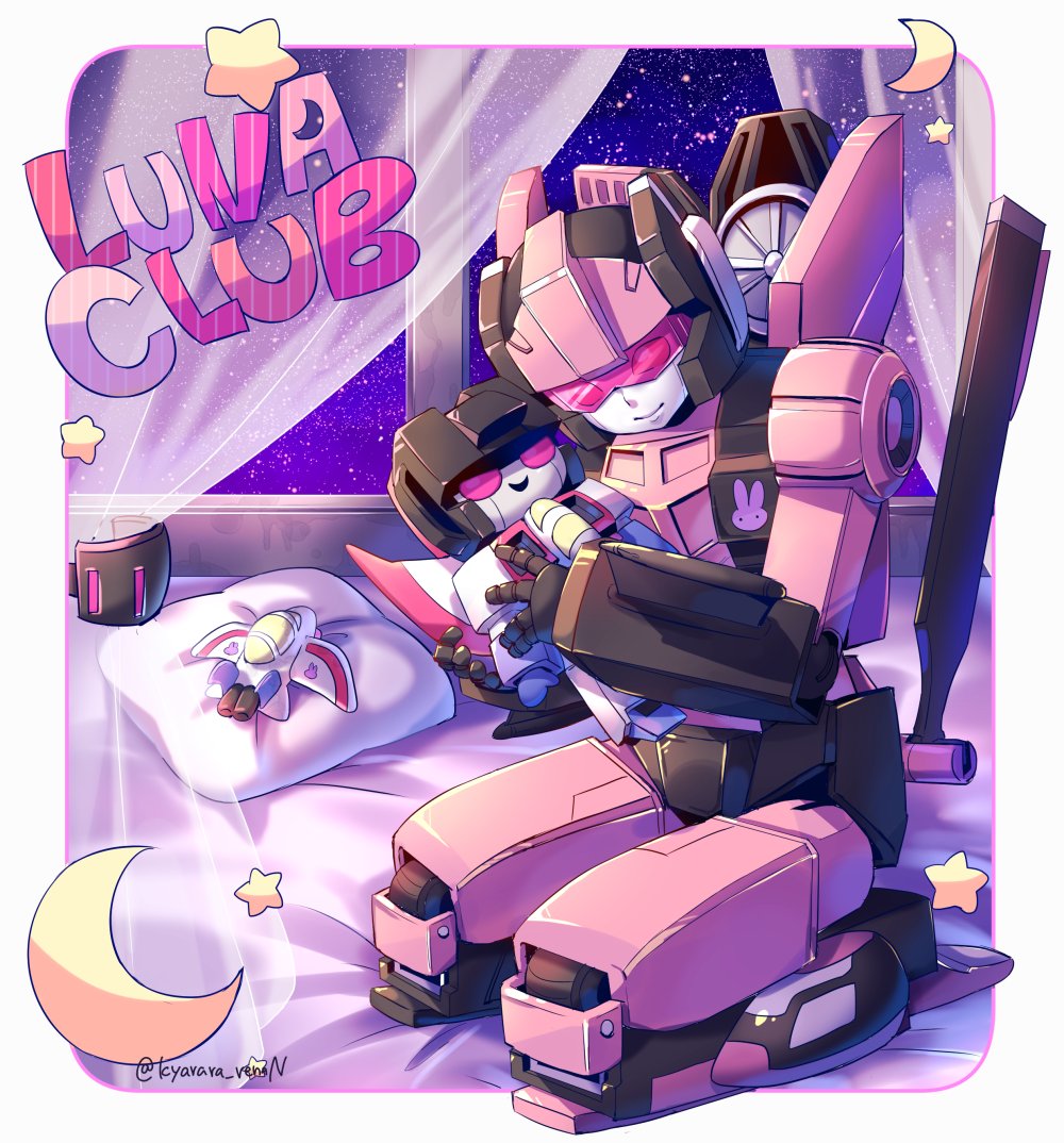 1girl, crescent, decepticon, holding, holding_stuffed_toy, kyarara_renan, looking_down, lunaclub, mecha, night, night_sky, on_bed, pillow, pink_eyes, seiza, sitting, sky, solo, star_(sky), star_(symbol), starry_sky, starscream, stuffed_toy, transformers, visor