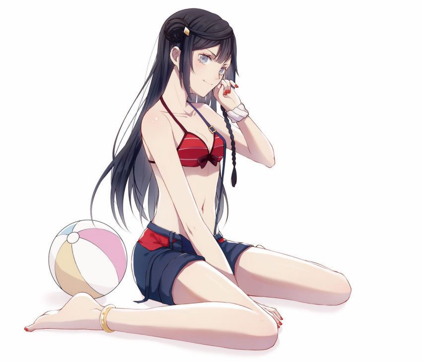1girl, anklet, ball, barefoot, beachball, bikini, bikini_top, black_hair