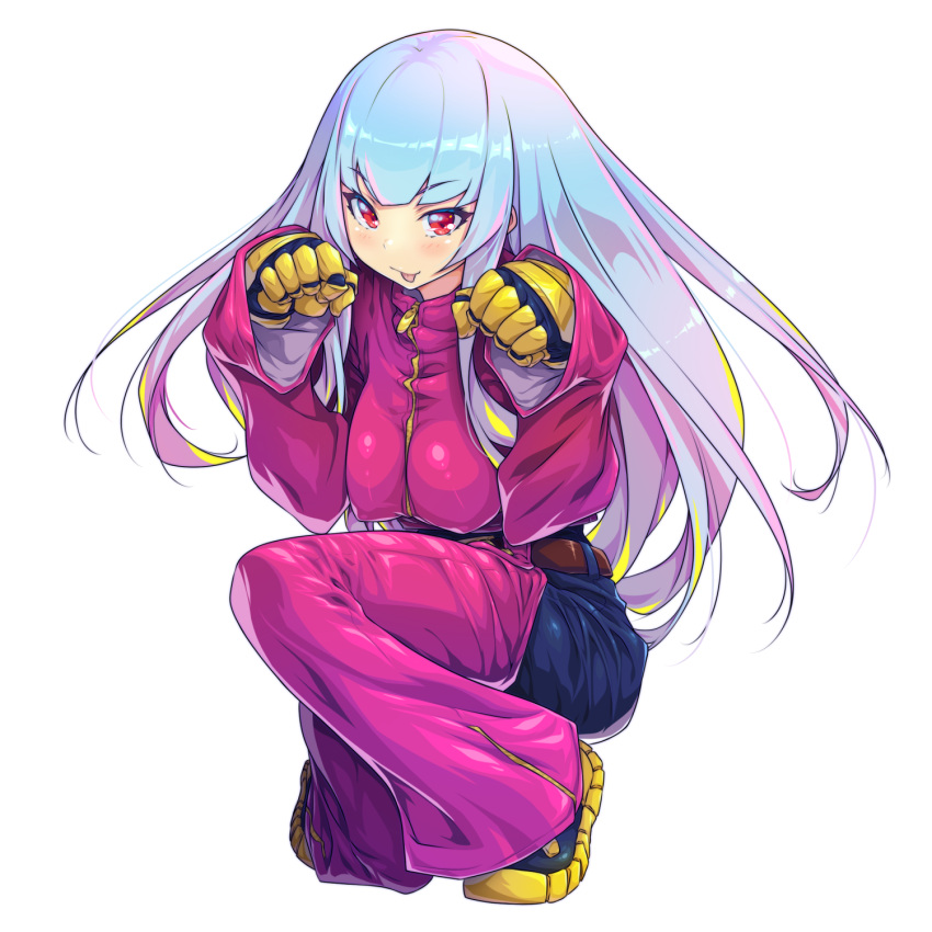 1girl, :p, bangs, belt, black_pants, blue_hair, blunt_bangs, blush, breasts, chaps, commentary_request, covered_nipples, cropped_jacket, full_body, gloves, gradient_hair, highres, jacket, kula_diamond, long_hair, looking_at_viewer, medium_breasts, multicolored_hair, one_knee, pants, paw_pose, pink_hair, pink_jacket, red_eyes, shoes, sneakers, solo, squatting, the_king_of_fighters, the_king_of_fighters_2000, tongue, tongue_out, two9one, yellow_gloves, zipper_pull_tab
