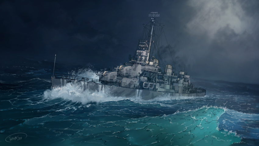 artist_name, clouds, cloudy_sky, destroyer, highres, lifeboat, military, military_vehicle