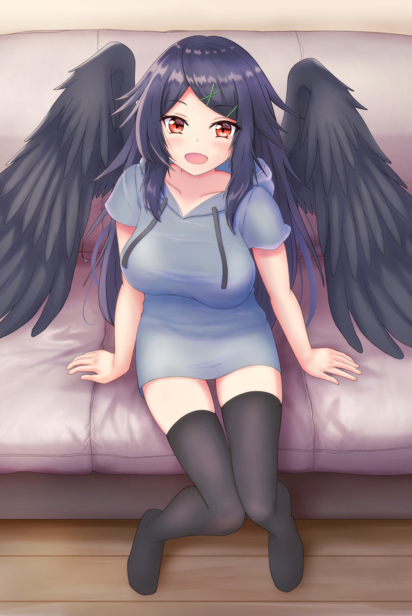 1girl, absurdres, alternate_costume, alternate_hairstyle, bangs, bare_arms, bird_wings, black_hair
