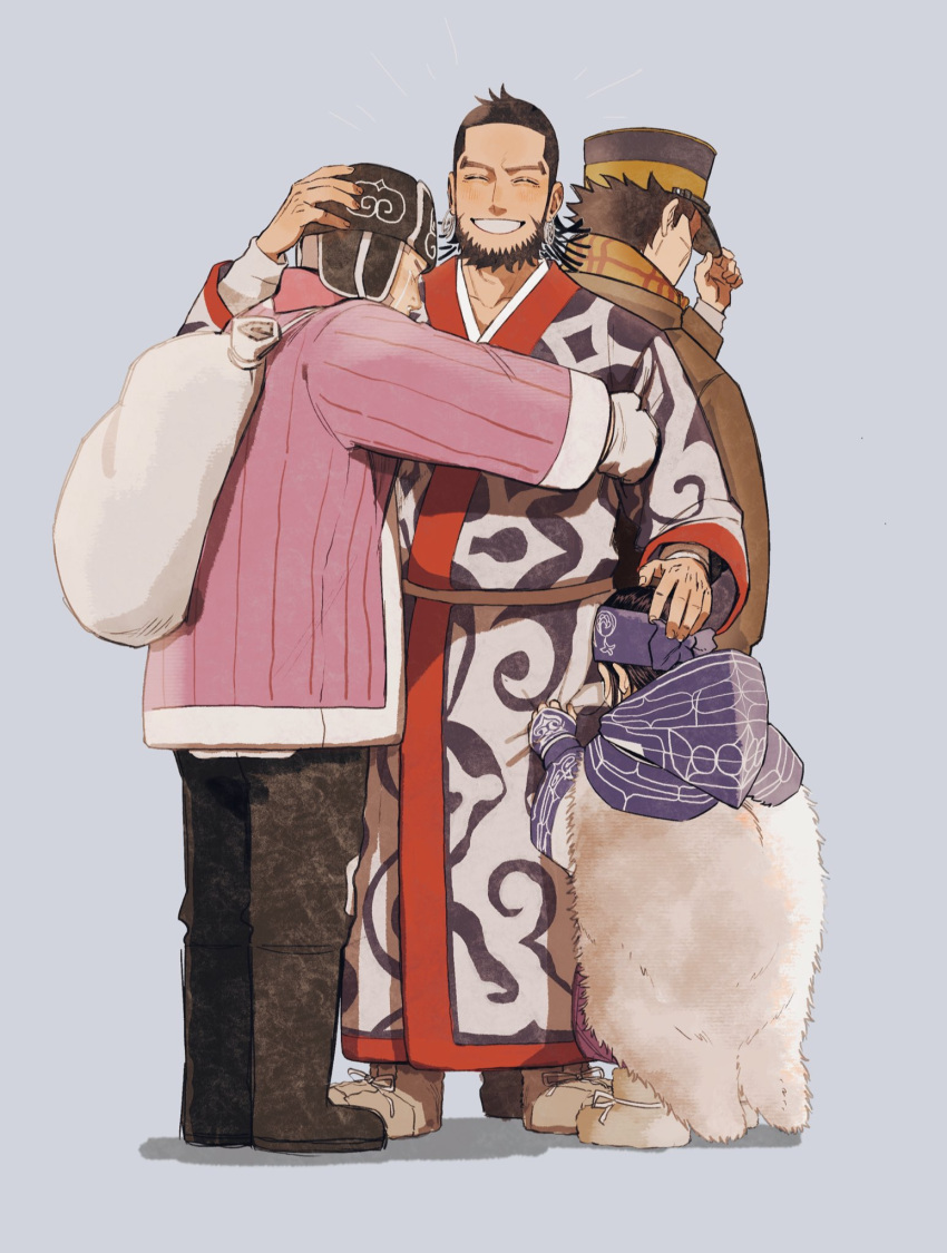 1girl, 3boys, ^_^, ainu, ainu_clothes, asirpa, bandana, beard