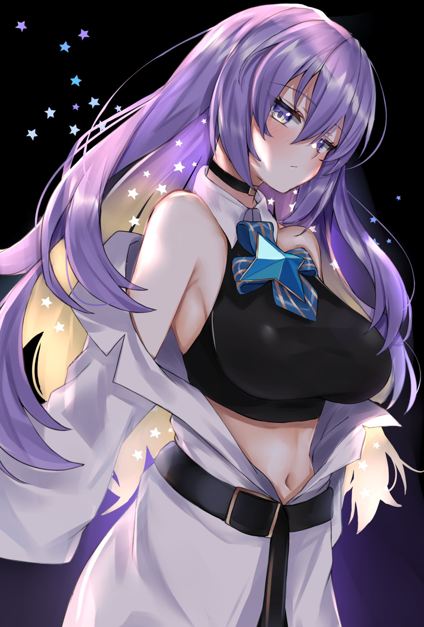 1girl, absurdres, bangs, bare_shoulders, belt, black_belt, black_choker, black_shirt