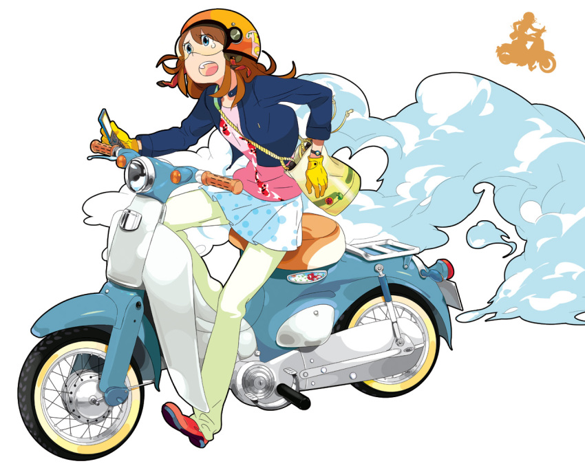 blue_eyes, brown_hair, cellphone, gloves, honda_cub, motor_vehicle, motorcycle, phone, rakuraku, simple_background, vehicle