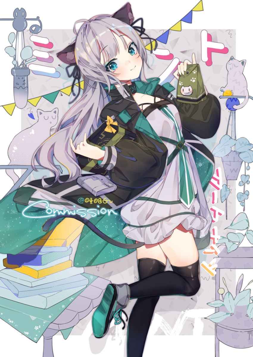 1girl, ahoge, animal, animal_ears, aqua_eyes, arknights, bag, black_bow