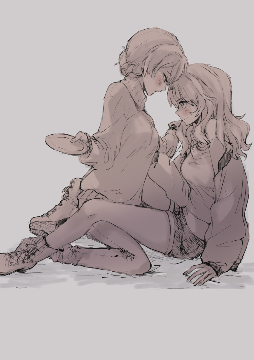2girls, bangs, blush, boots, braid, closed_mouth, commentary, cross-laced_footwear, darjeeling_(girls_und_panzer), denim, denim_shorts, girls_und_panzer, greyscale, highres, holding, holding_saucer, jacket, kay_(girls_und_panzer), lace-up_boots, long_hair, long_sleeves, looking_at_another, met_tiger, midriff, monochrome, multiple_girls, open_clothes, open_jacket, pants, saucer, shirt, short_hair, short_shorts, shorts, sitting, sketch, smile, straddling, sweater, tied_hair, turtleneck, wariza, yuri