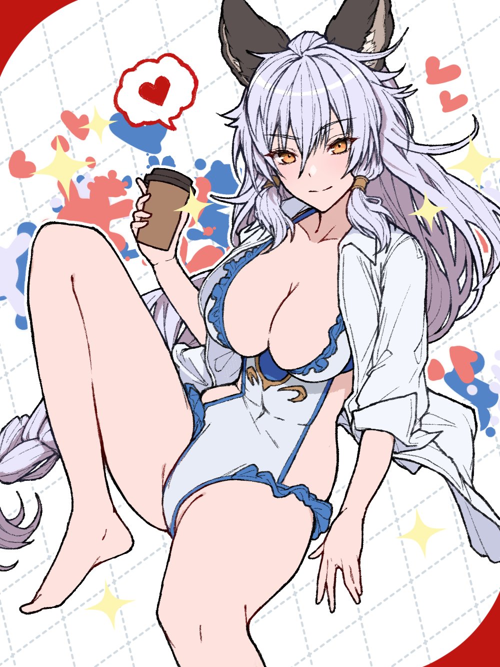 1girl, animal_ears, barefoot, braid, breasts, casual_one-piece_swimsuit, cat_ears, coffee, erune, granblue_fantasy, heart, heles, highres, large_breasts, ll_0109, looking_at_viewer, one-piece_swimsuit, silver_hair, smile, solo, star_(symbol), swimsuit