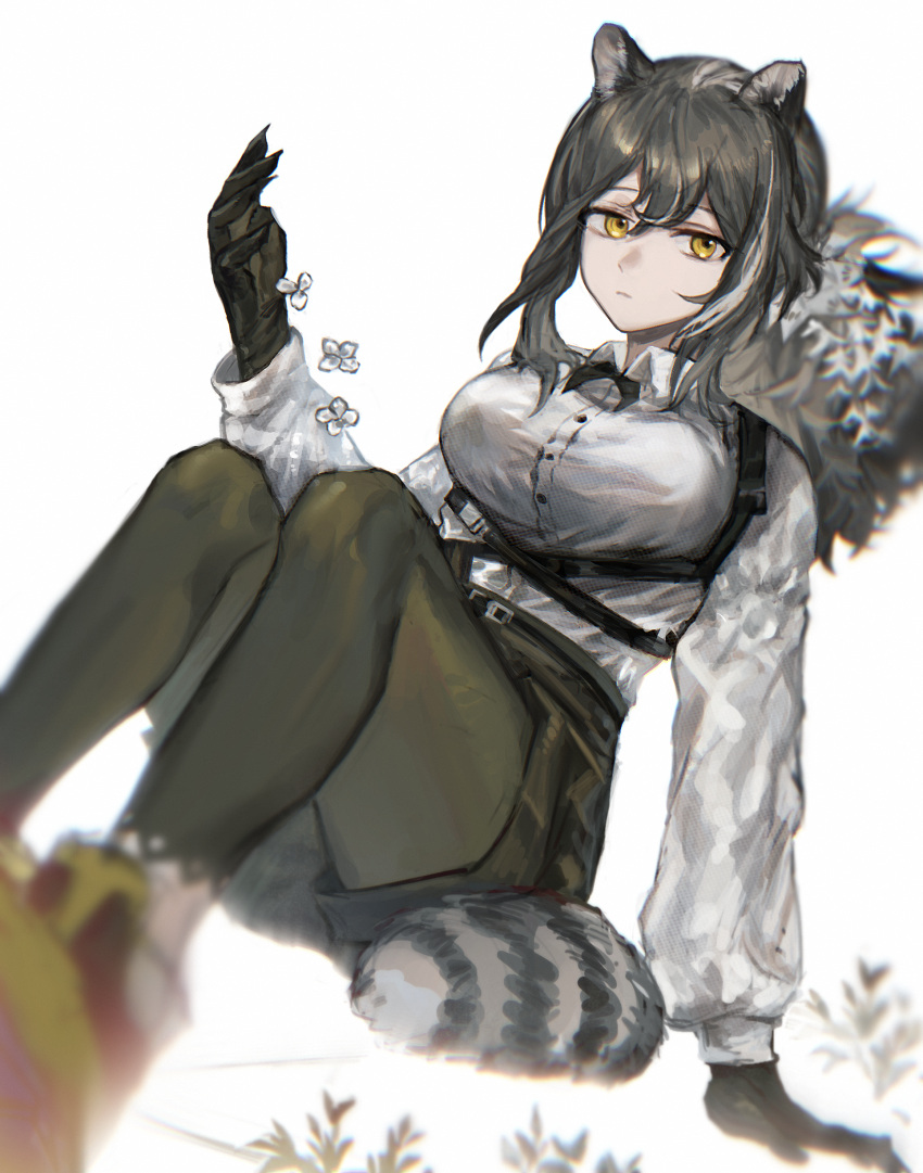1girl, absurdres, animal_ears, arknights, arm_support, black_gloves, black_hair, black_legwear