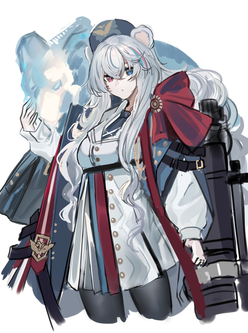 1girl, animal_ears, arknights, bear_ears, black_legwear, blue_eyes, blue_jacket, blue_neckwear
