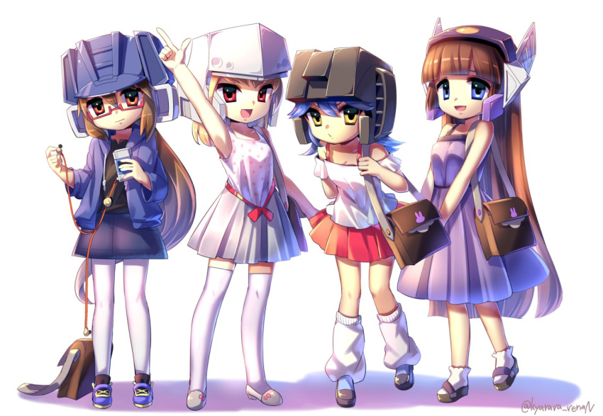 4girls, :o, black_skirt, blue_eyes, brown_eyes, decepticon, dress, earphones
