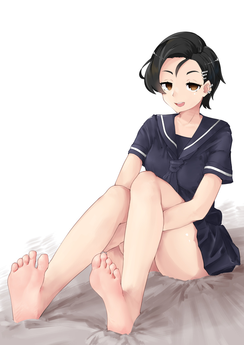 1girl, absurdres, bare_legs, barefoot, black_hair, black_skirt, blonde_hair, ear_piercing
