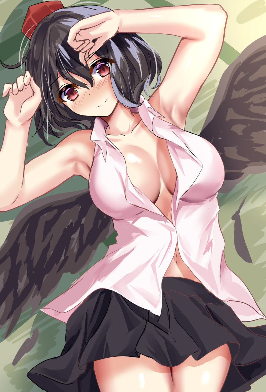 1girl, bare_shoulders, bird_wings, black_feathers, black_hair, black_skirt, black_wings, blush