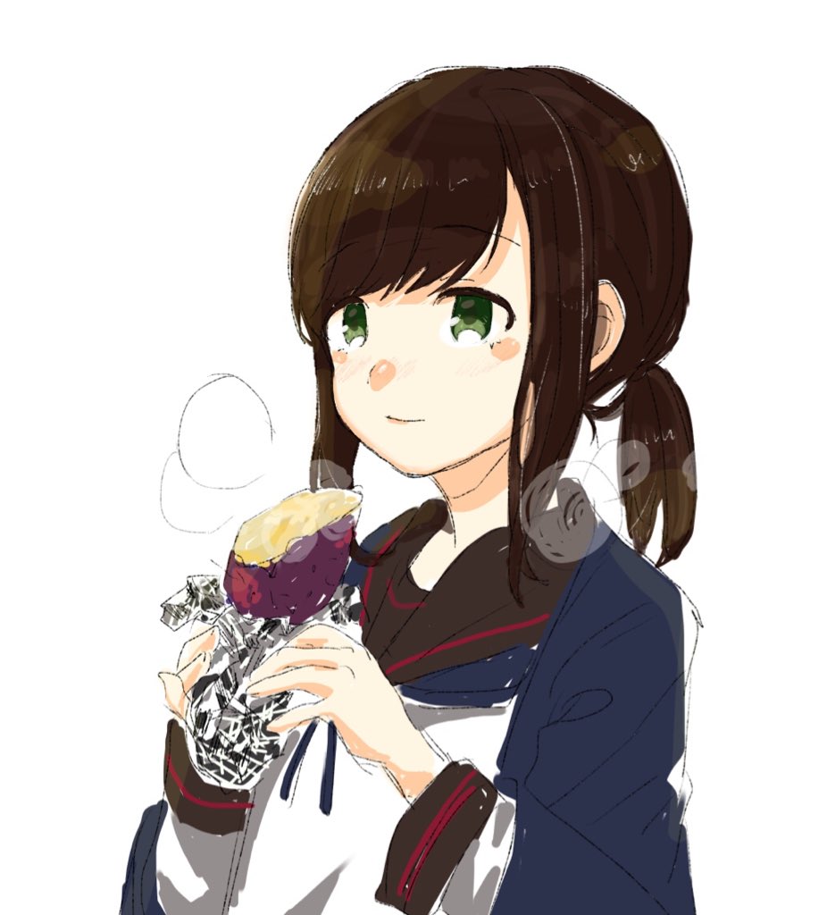 1girl, bangs, black_sailor_collar, brown_hair, eyebrows_visible_through_hair, foil, food, fubuki_(kantai_collection)