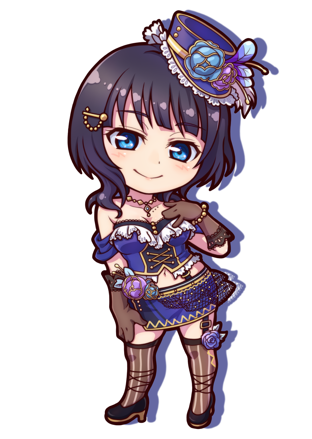 1girl, asaka_karin, black_gloves, black_hair, blue_eyes, blue_headwear, blue_skirt, blush, breasts, chibi, closed_mouth, cross-laced_clothes, cross-laced_top, flower, garter_straps, gloves, hair_ornament, hairclip, hat, hat_flower, high_heels, highres, jewelry, lace-trimmed_gloves, lace_trim, large_breasts, looking_at_viewer, love_live!, love_live!_nijigasaki_high_school_idol_club, miloku, miniskirt, necklace, short_hair, simple_background, skirt, smile, solo, starlight_(love_live!), strapless, striped, striped_legwear, suspenders, thigh-highs, tilted_headwear, tubetop, vertical-striped_legwear, vertical_stripes, white_background