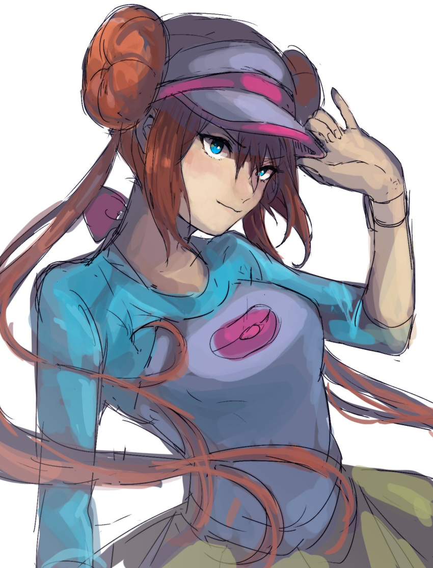 1girl, bangs, blue_eyes, breasts, brown_hair, closed_mouth, double_bun, eyebrows_visible_through_hair